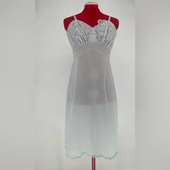 Vintage 50s/60s Baby Blue Vanity Fair Lacey Full Slip With Scalloped Lace Hem - Picture 2 of 11